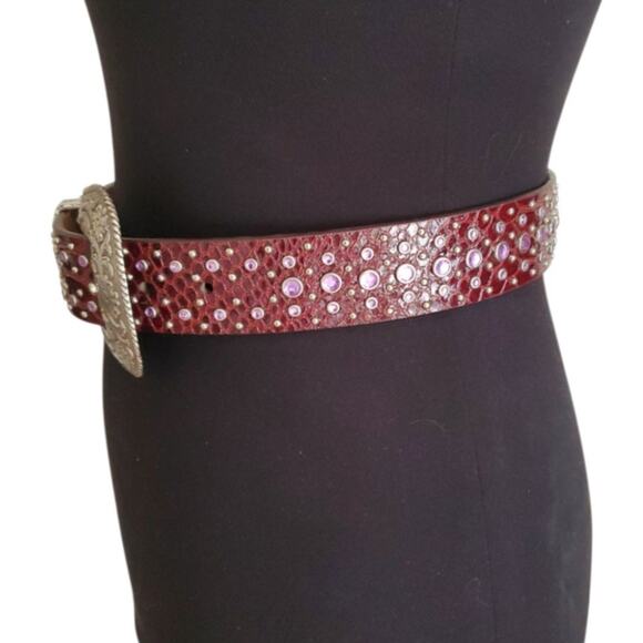 Ariat Burgundy Leather Bling Belt 32 Crystal Reptile Print Tooled Buckle Western - Picture 2 of 11
